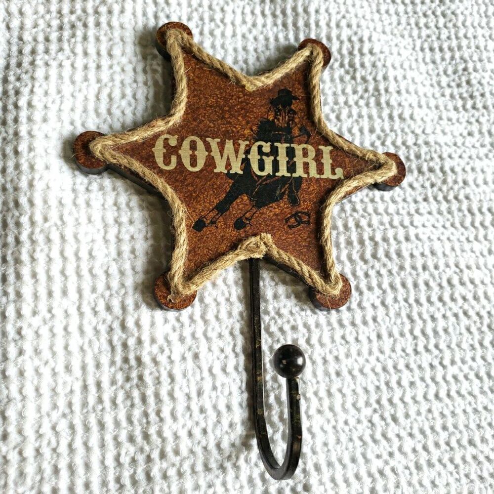Western Cowgirl Sheriff Star Wall Hook Rope Trim Metal Cast Iron Rustic Decor